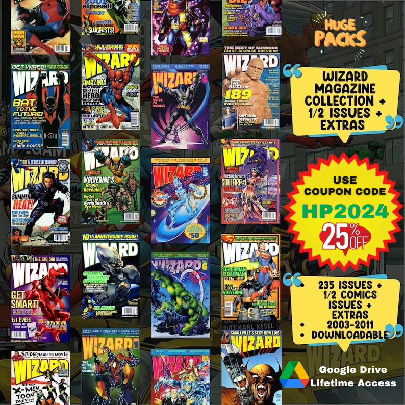 Wizard Magazine Digital Collection, 1991–2011 Wizard Issues, Vintage Comics Magazine, Digital Wizard Magazine, Comic Book History Magazines, Wizard Price Guides, Wizard Insider News, Comic Previews and Interviews, Wizard Magazine Nostalgia, Digital Comics Bundle, High-Resolution Wizard Scans, Complete Wizard Collection Digital, Wizard Magazine CBZ CBR Files, Exclusive Comics Interviews, Wizard Comic Collectible Guides, Pop Culture Magazine Collection, Golden Age of Comics, Wizard Digital Downloads, Comic Bo